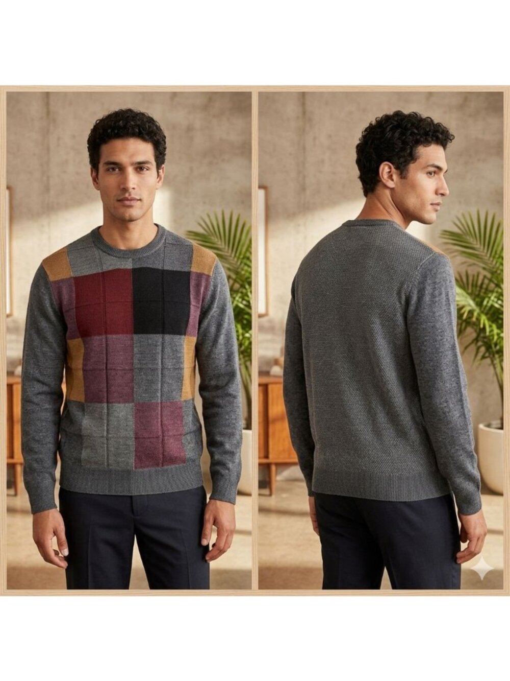 Dockers Mens Sweater Mesium Long Sleeve Crew Neck Pullover Gray Knit Plaid Cozy